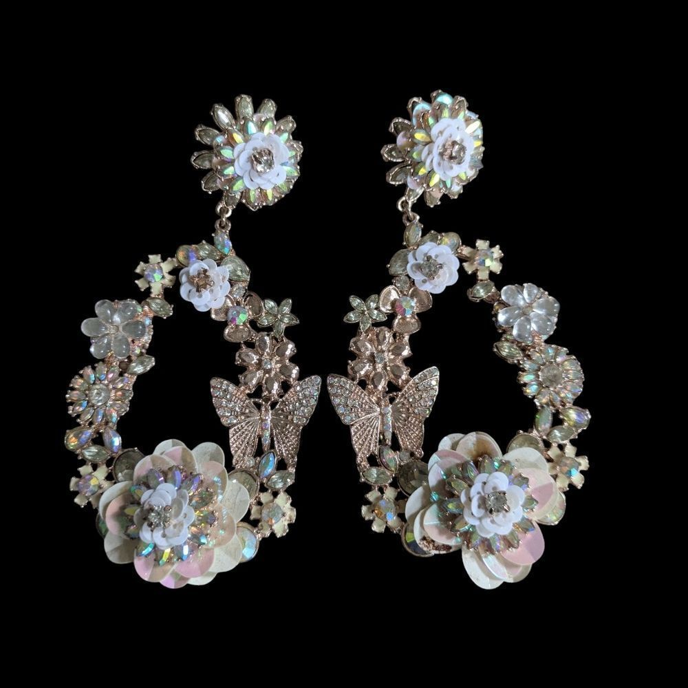 Elegant Floral Crystal And Rhinestone Butterfly Earrings